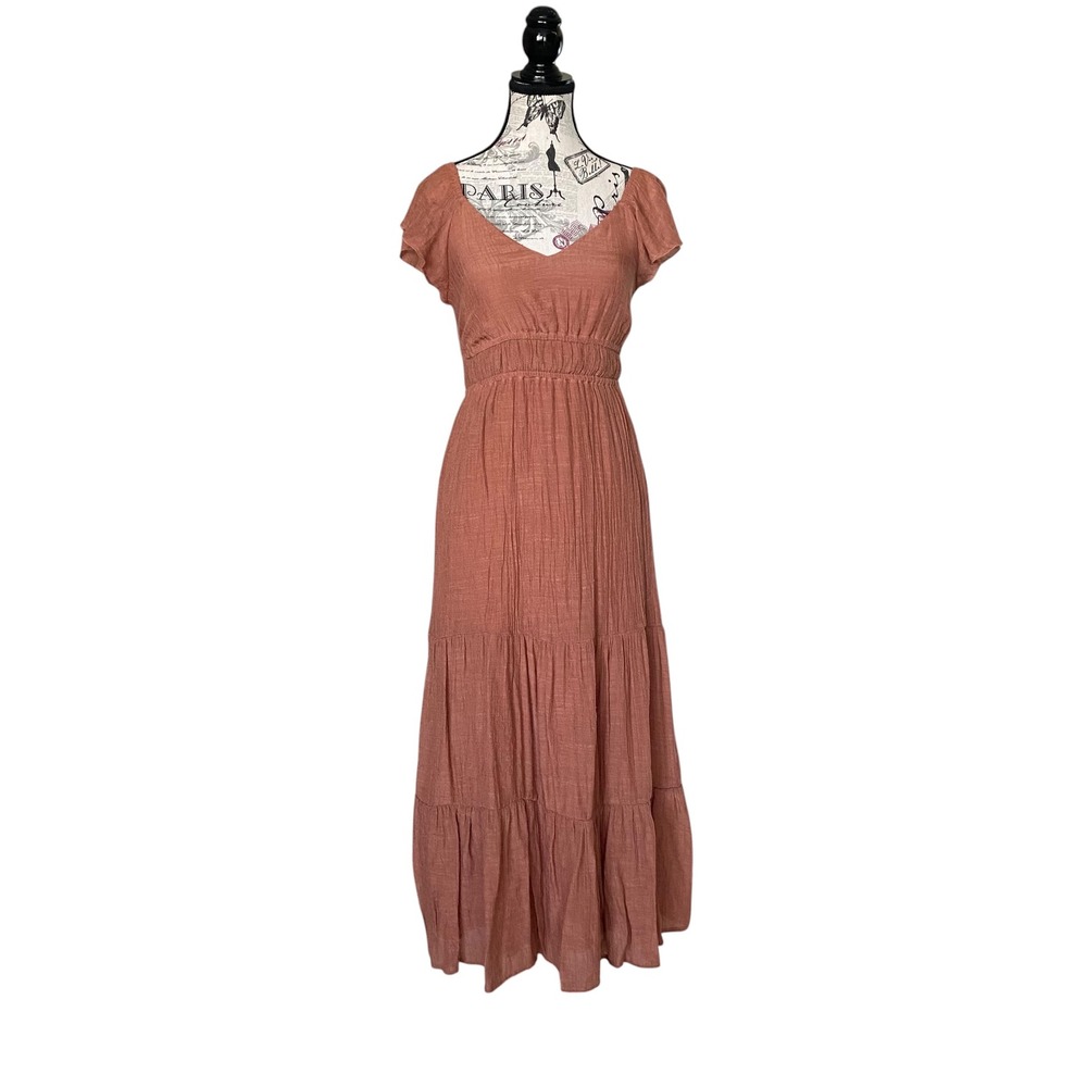 Just Found Maxi Dress Women Medium Terracotta Smocked Tiered Boho Cutout JDW1721